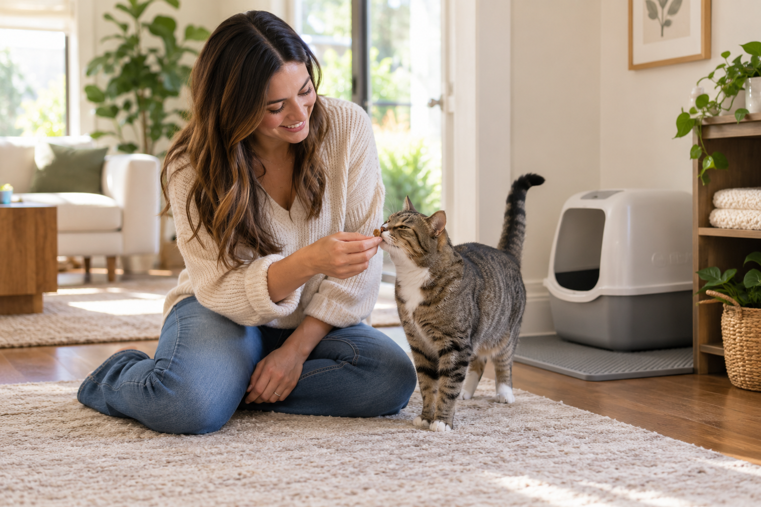 Pet sitter gently caring for a relaxed cat in a clean, comfortable home