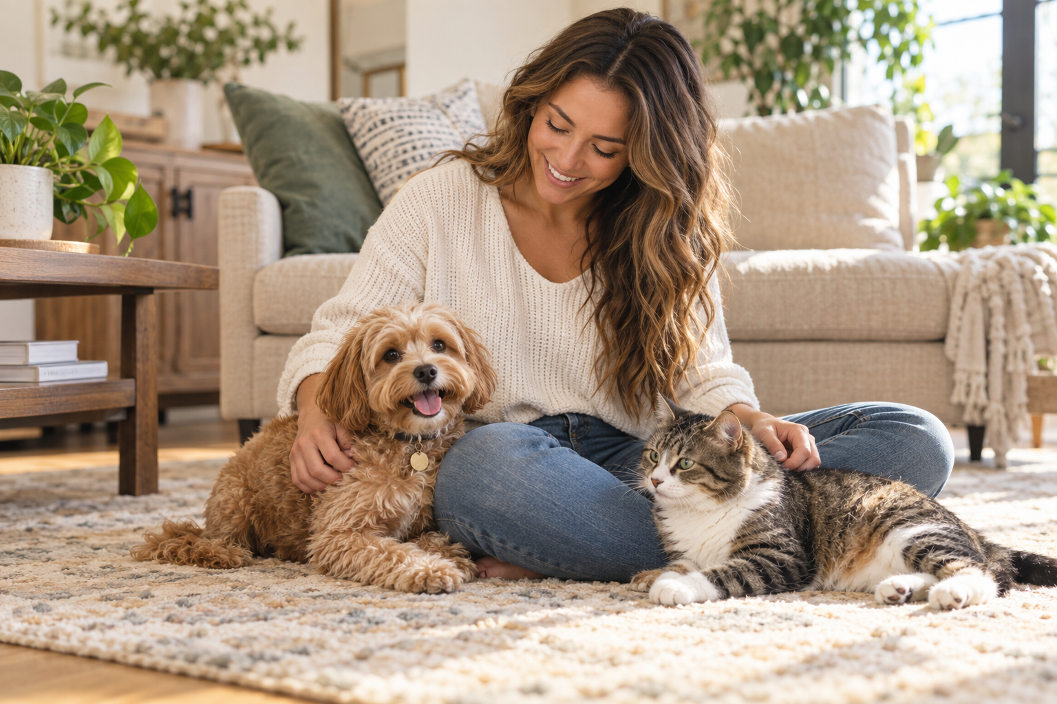 Pet sitter providing attentive in-home companionship for a small dog and cat