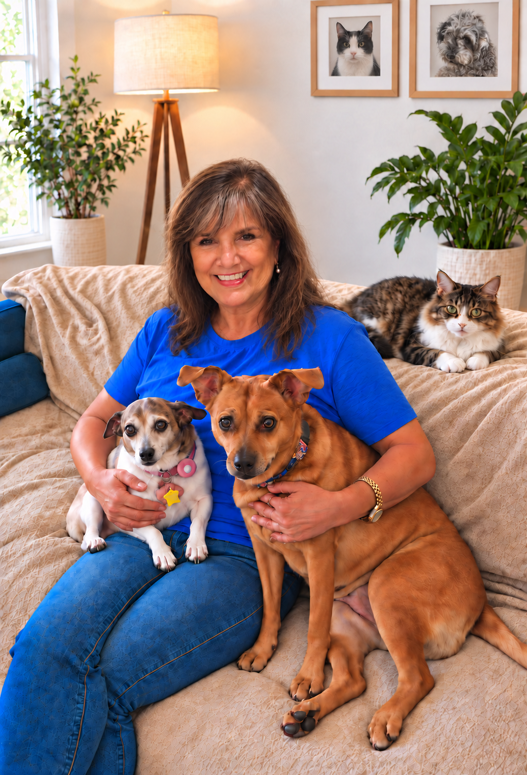Maria smiling at home with two dogs and a cat, with separate framed portraits of a black-and-white cat and a gray dog on the wall