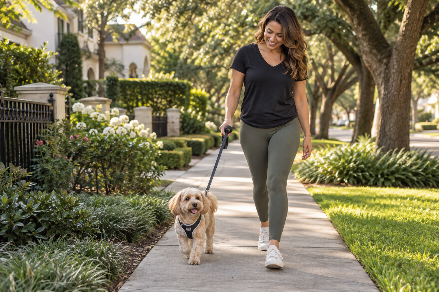 Pet sitter walking a small dog safely on a leafy neighborhood sidewalk